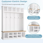 Farmhouse Wood Hall Tree with Bench and Shoe Storage, 5-in-1 Coat Rack with 6 Hooks for Entrance, Hallway White