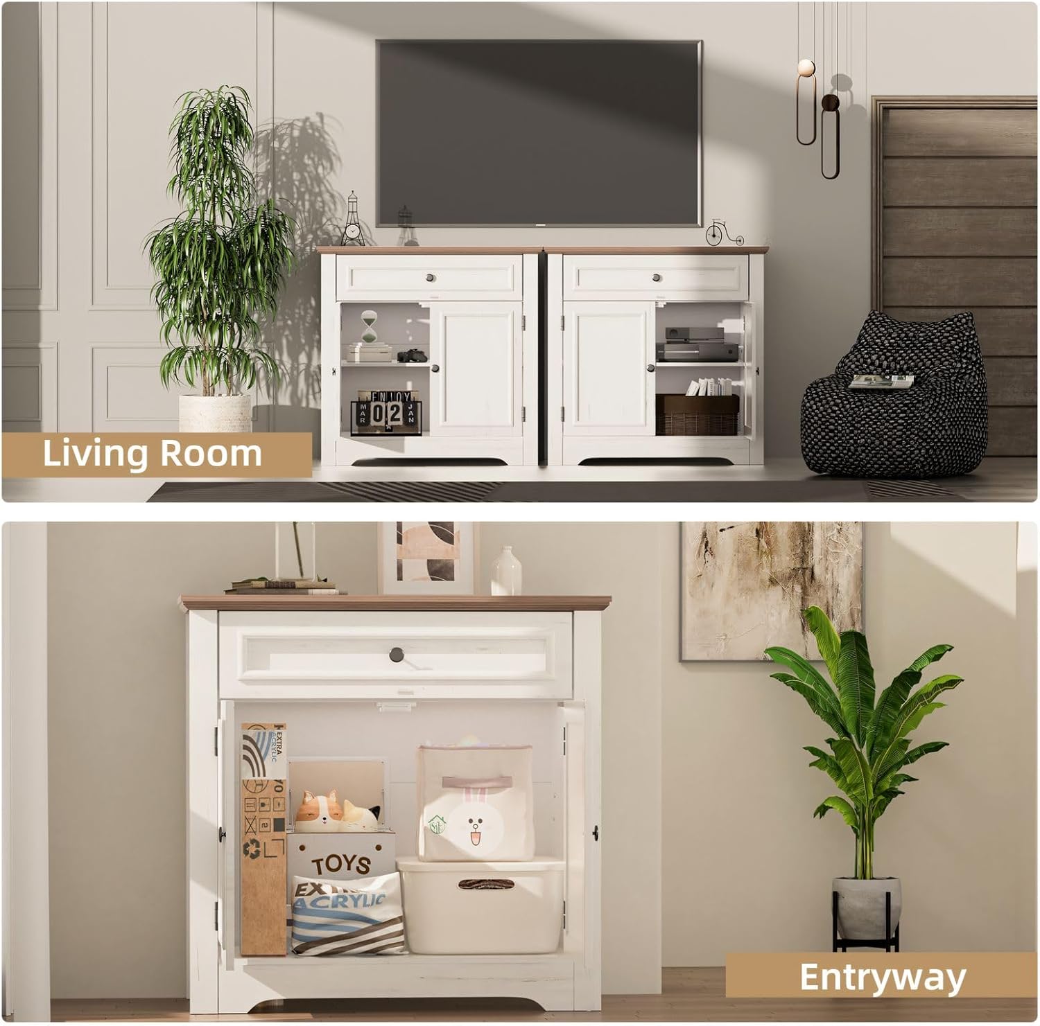 Buffet Cabinet with Storage and Drawer，Sideboard Coffee Bar with Adjustable Shelves and Doors, White Accent Cabinet Credenza Console Organizer Modern Coffee Bar for Kitchen Dining Room Living Room