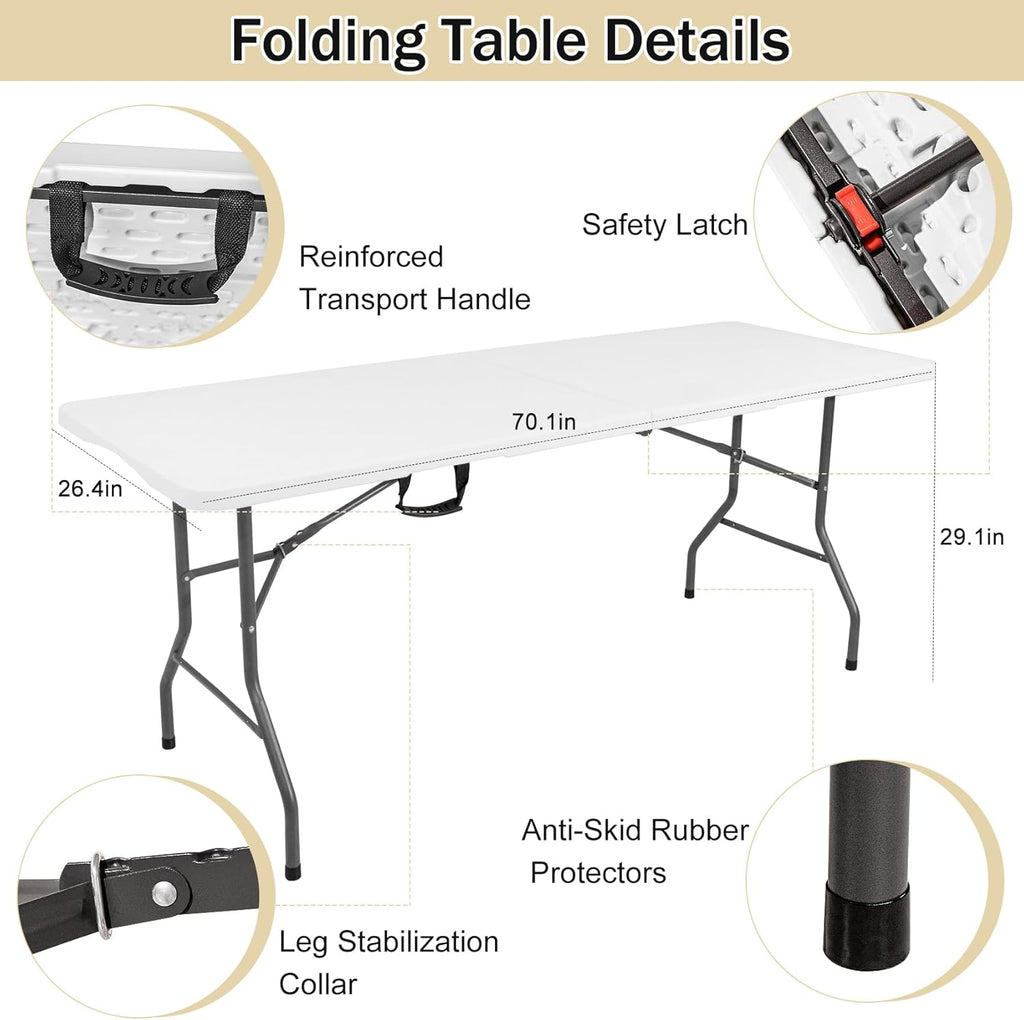 1 Set 6 FT Rectangle Folding Table with Carrying Handle, Lightweight Fold-in-Half Utility Table, with Matching Black Stretch Spandex Covers, Ideal for Weddings, Parties, Camping, Banquets, Crafts