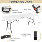 1 Set 6 FT Rectangle Folding Table with Carrying Handle, Lightweight Fold-in-Half Utility Table, with Matching Black Stretch Spandex Covers, Ideal for Weddings, Parties, Camping, Banquets, Crafts