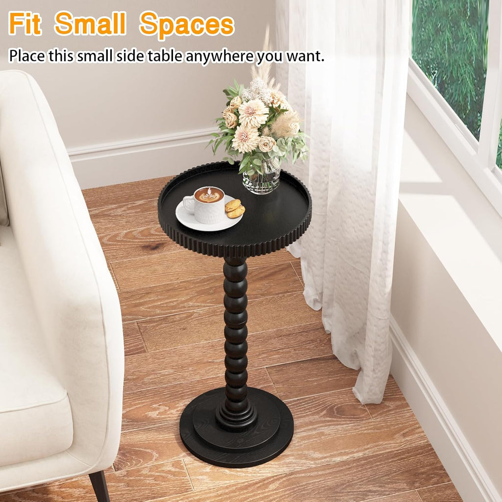 Drink Table，Slot Edge Round Small Side Table for Small Spaces, Round End Tables with Decorative Tray, Pedestal Martini Tables for Living Room, Bedroom, Sofa Couch, Corners (Black)
