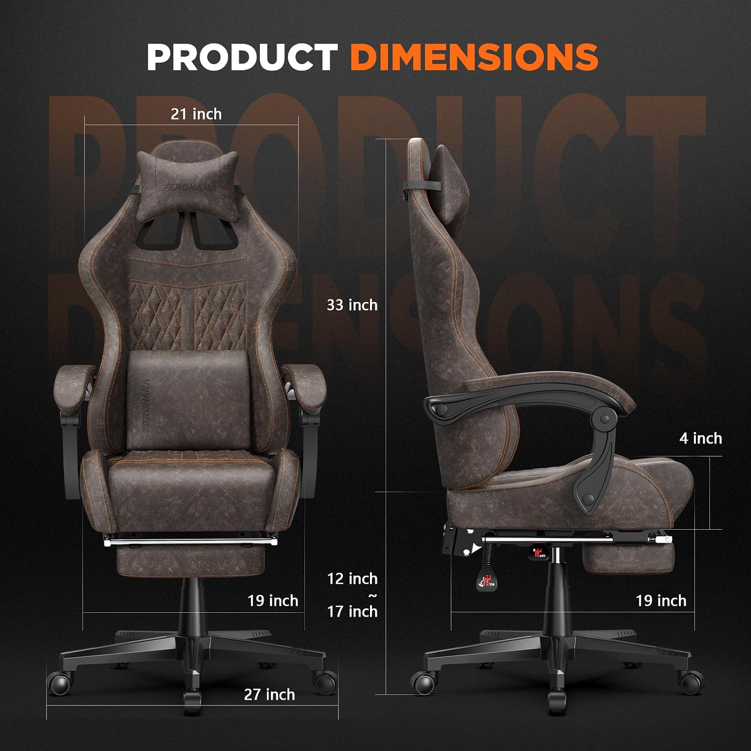 Ferghana Vintage PU Leather Gaming Chair, High Back Gamer Chair with Massage, Ergonomic Computer Office Chair with Footrest for Adults, Racing Style Reclining Video Game Chair Chestnut Brown