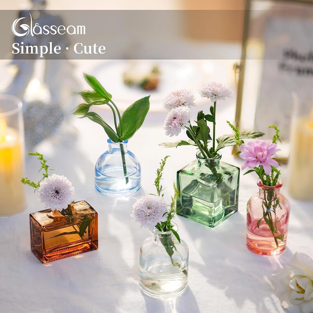 Glasseam Mini Bud Vases in Bulk 40: Colored Small Flower Vases for Centerpieces, Cute Tiny Glass Table Centerpiece for Flowers - Modern Wedding Decorations for Living Room Kitchen Baby Showers