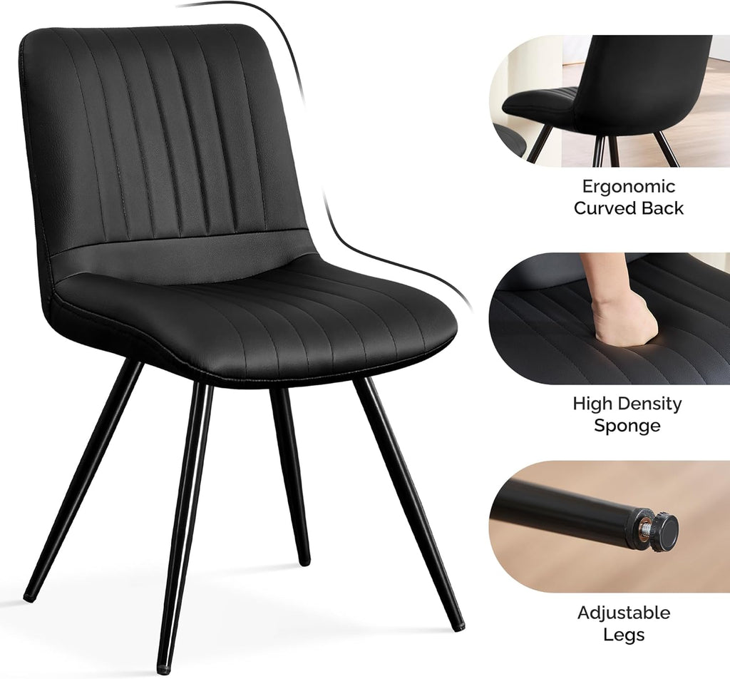 Black Dining Chairs Set of 4, Dining Chairs with Thick Cushions, PU Leather Upholstered Kitchen Dining Room Chairs with Metal Legs for Dining Living Room