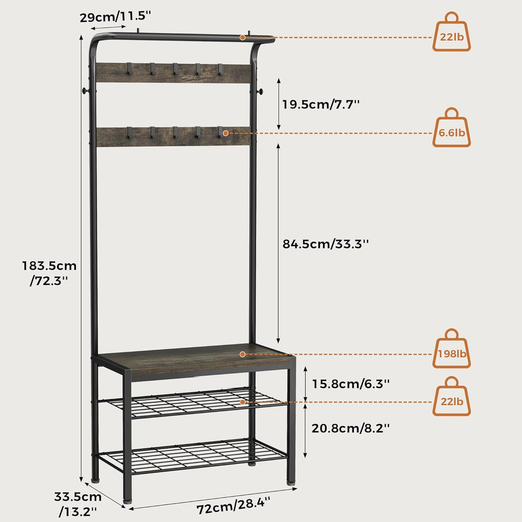 DUMOS 5-in-1 Hall Tree with Coat Rack and Shoe Bench, Industrial Entryway Storage Organizer with Top Hanging Rod, 10 Movable Hooks & Side Hooks, Mudroom Bench with 2-Tier Shoe Rack, Grey