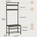 DUMOS 5-in-1 Hall Tree with Coat Rack and Shoe Bench, Industrial Entryway Storage Organizer with Top Hanging Rod, 10 Movable Hooks & Side Hooks, Mudroom Bench with 2-Tier Shoe Rack, Grey