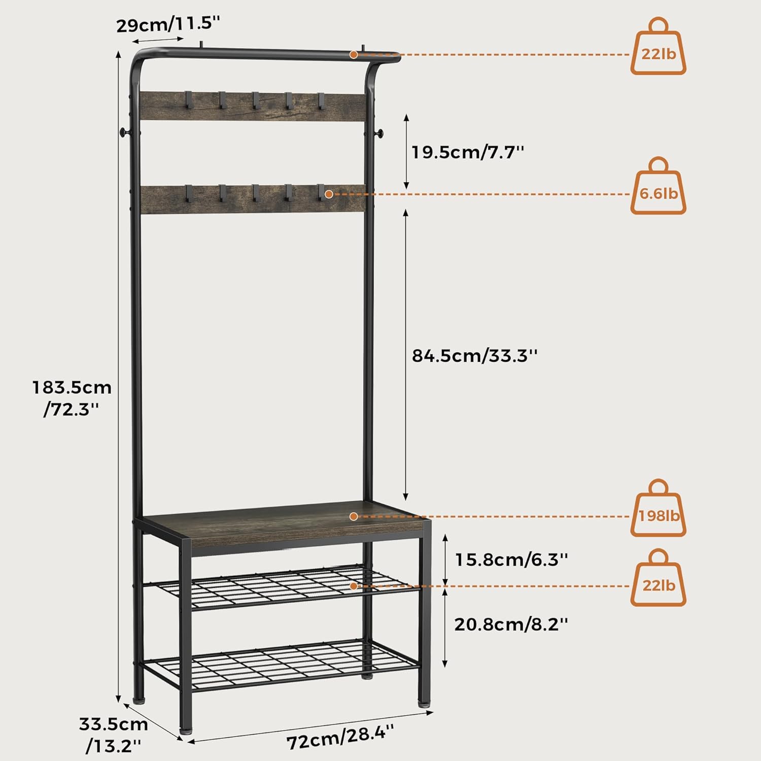 DUMOS 5-in-1 Hall Tree with Coat Rack and Shoe Bench, Industrial Entryway Storage Organizer with Top Hanging Rod, 10 Movable Hooks & Side Hooks, Mudroom Bench with 2-Tier Shoe Rack, Grey