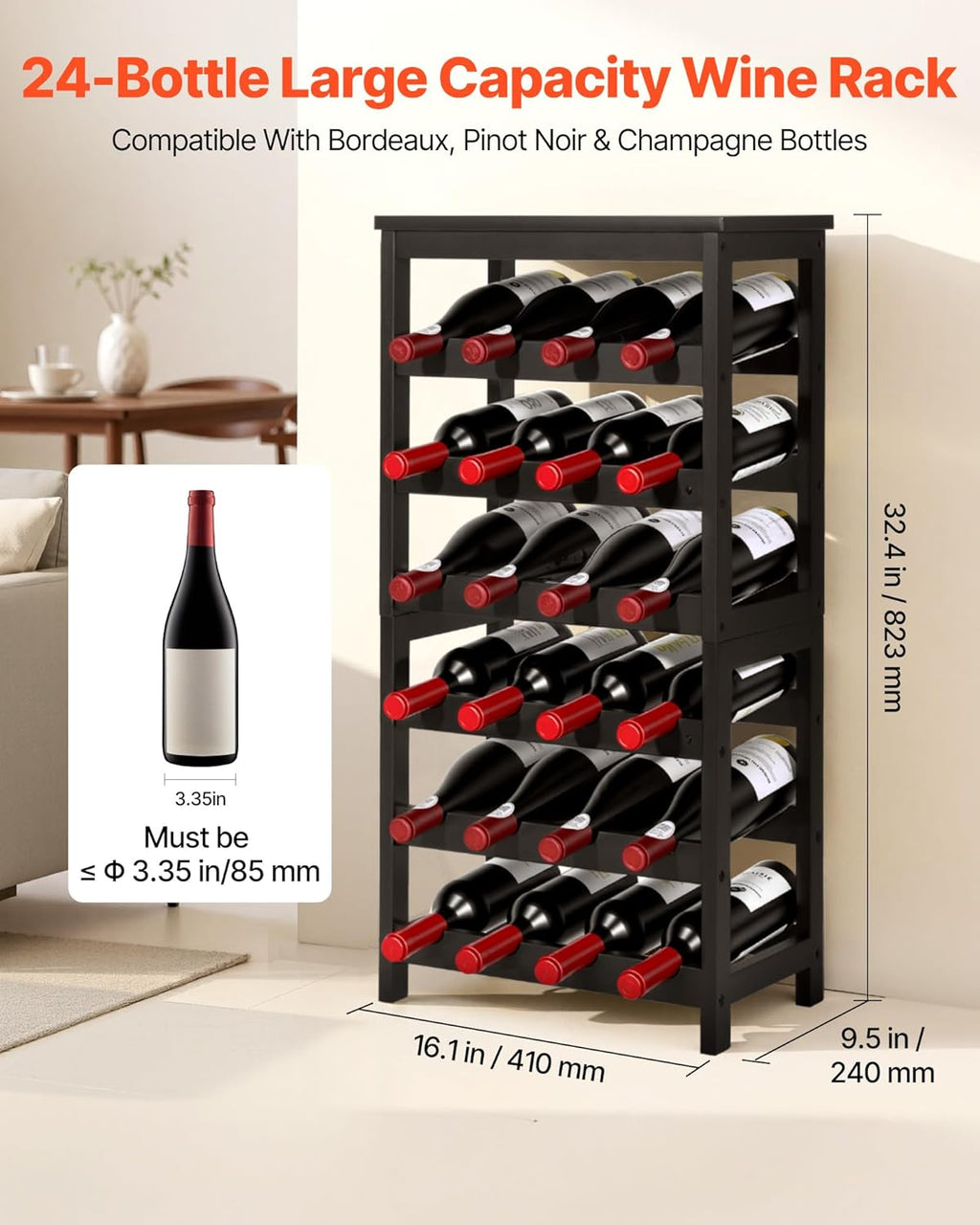 VEVOR 24 Bottle Detachable Wine Rack, 6-Tier Wine Bottle Holder,Solid Bamboo Wood Freestanding Floor Display Wine Storage Shelves with Table Top, for Kitchen,Cellar,Bar,Dining Room,Living Room(Black)