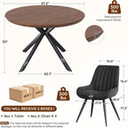 47.2" 5-Piece Round Dining Table Set for 4, Modern Wood Dining Table with 4 Upholstered Chairs, Kitchen & Dining Room Table Set with Metal Base for Apartment, Small Space, Walnut Table+4 Balck Chairs