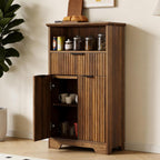 Fluted Buffet Cabinet with Storage, Modern Coffee Bar Cabinet with Drawer & Adjustable Shelf, Wood Sideboard Cabinet for Kitchen, Bathroom, Entryway and Living Room Walnut