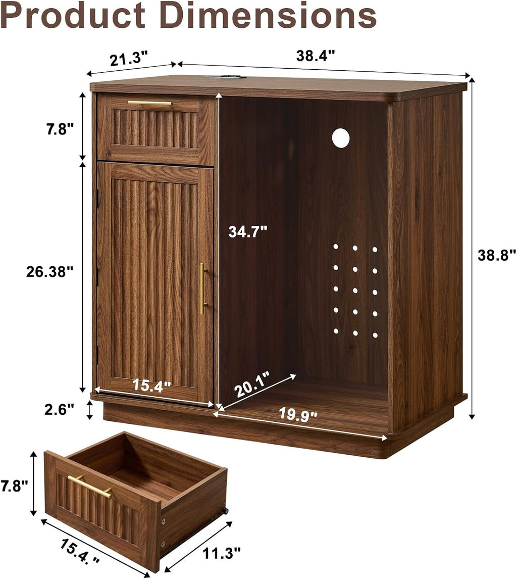 Okvnbjk Mini Fridge Cabinet with Storage & Power Outlet, Walnut | Coffee Bar Cabinet with Fridge Space, Fluted Bar Cabinet for Living Room, Dining Room, Dorm