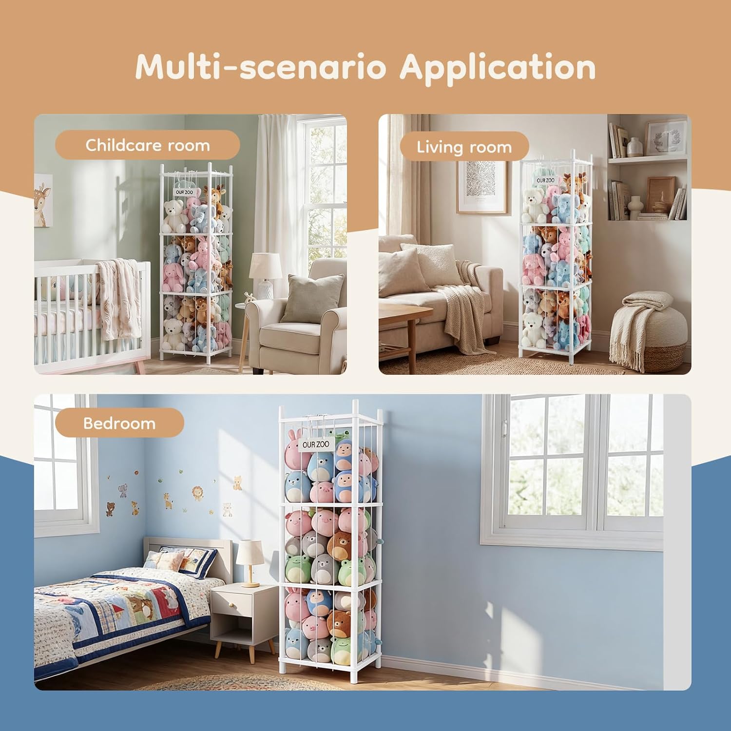 DUMOS Stuffed Animal Storage, 54In Large Stuffed Animal Holder, Plushies Storage with Solid Wood Base&Elastic Cord, Space Save Zoo Toy Organizers for Playroom Bedroom Nursery White