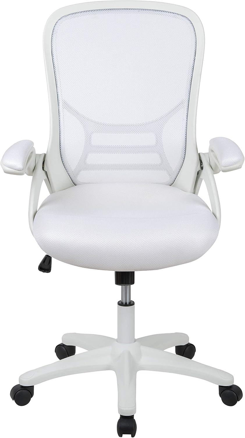 EMMA + OLIVER High Back White Mesh Ergonomic Swivel Office Chair with White Frame and Flip-up Arms