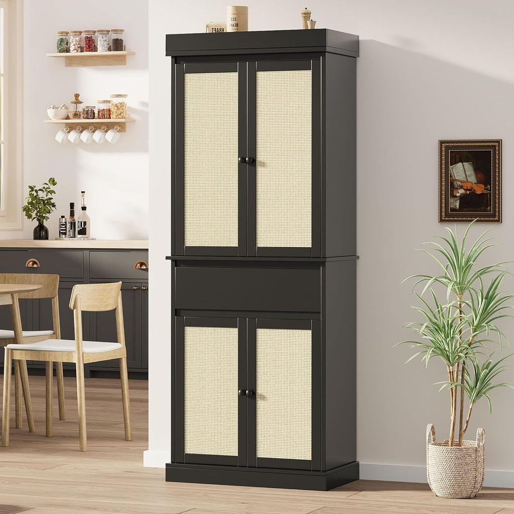 Tall Kitchen Pantry Cabinet - Rattan Doors, Adjustable Shelves, Freestanding Cupboard with Drawer for Bathroom, Dining Room, Living Room