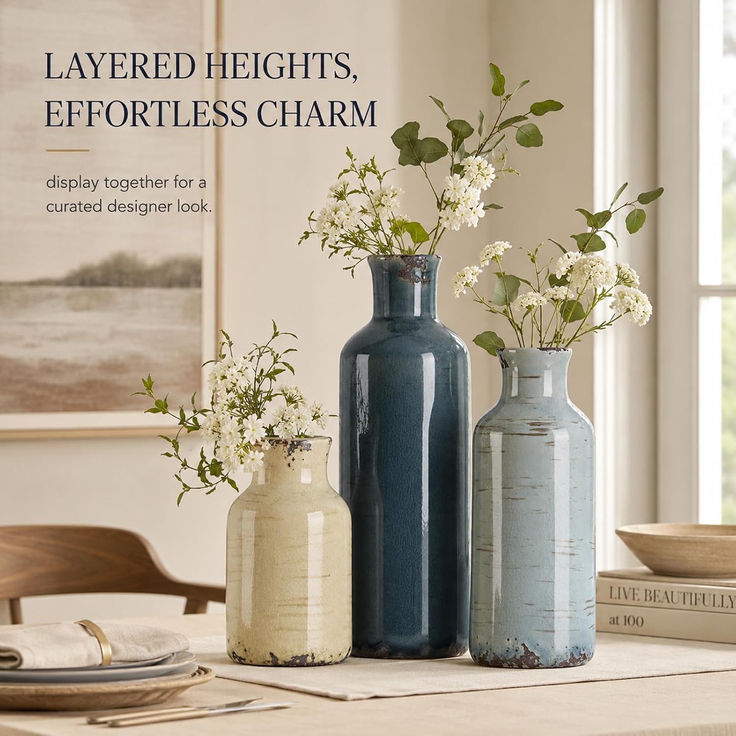 Ceramic Vase Set of 3 for Home Decor, Multicolor Coastal Rustic Farmhouse Decorative Vases, Distressed Blue Grey Beige Ceramic Flower Vase Set for Shelf Table Mantel Entryway Decor