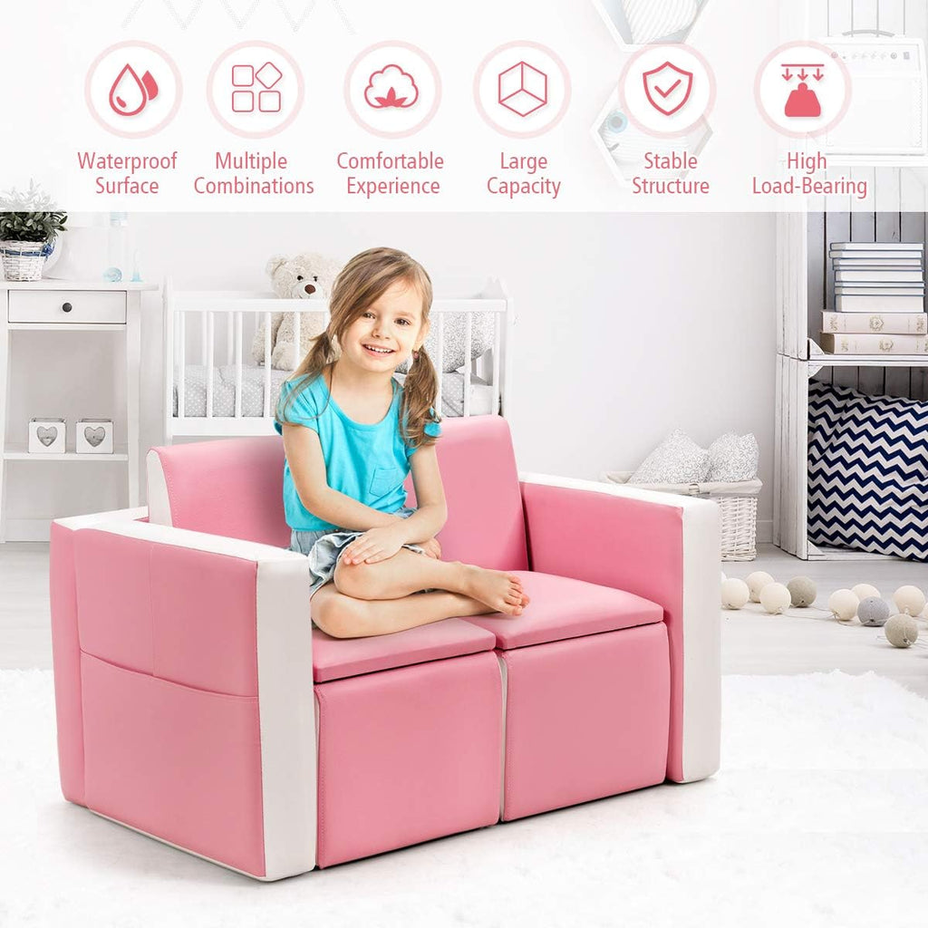 HONEY JOY 2-in-1 Convertible Kids Sofa, PVC Leather Toddler Couch Lounger Bed, Multifunctional Padded Armchair w/Wooden Frame, Double Seat with Storage Space