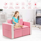 HONEY JOY 2-in-1 Convertible Kids Sofa, PVC Leather Toddler Couch Lounger Bed, Multifunctional Padded Armchair w/Wooden Frame, Double Seat with Storage Space