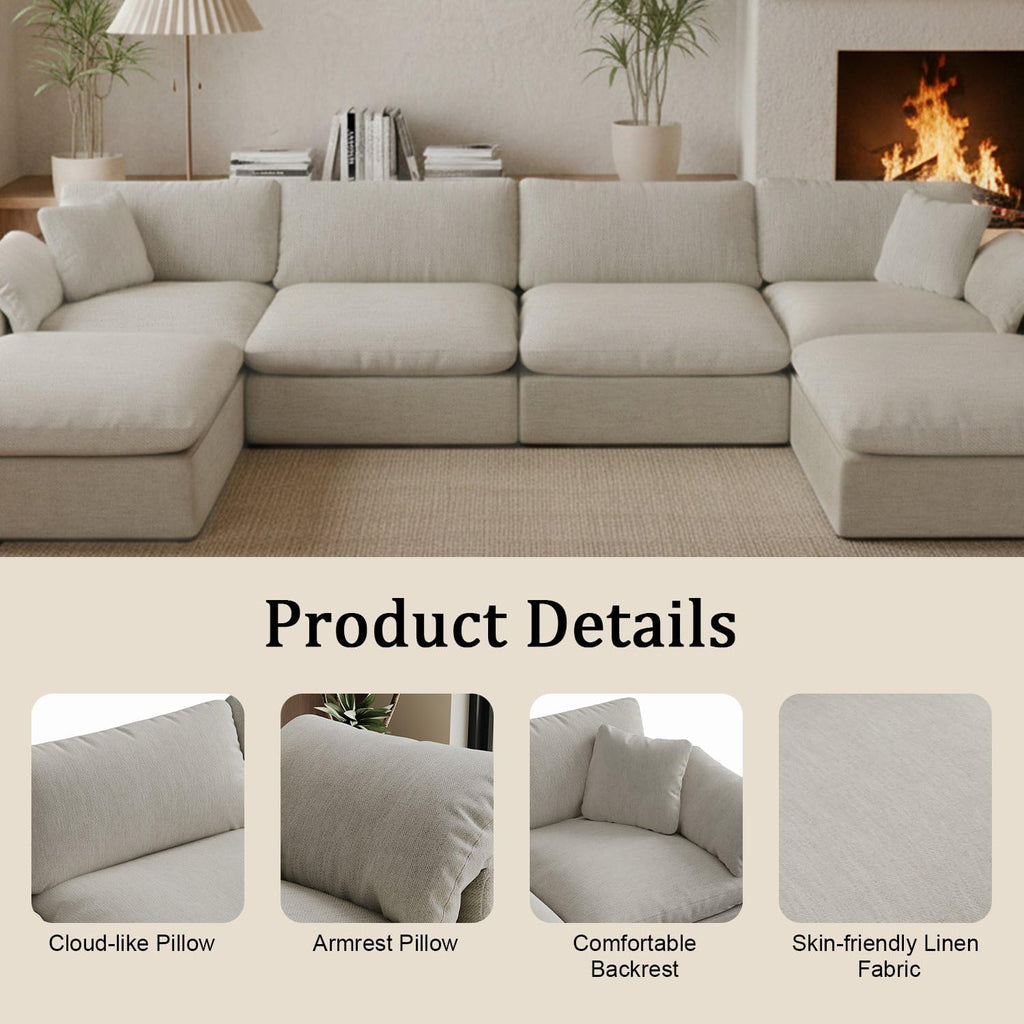 Modular Sectional Sofa Cloud Couch,Down Filled Comfy Cloud Modern Sofa,Light Beige Linen L Shape Oversized Couch Cushion Covers Removable Furniture for Living Room