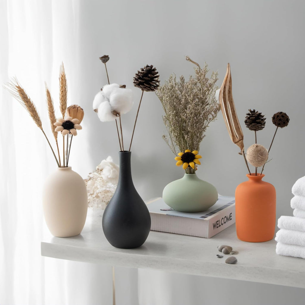 Ceramic Vase Set of 4 with Dried Flowers Round Matte | For Modern Minimalist Bohemian, Pampas Grass, Home, Office, Shelf, Living Room, Bedroom,Entryway Decor