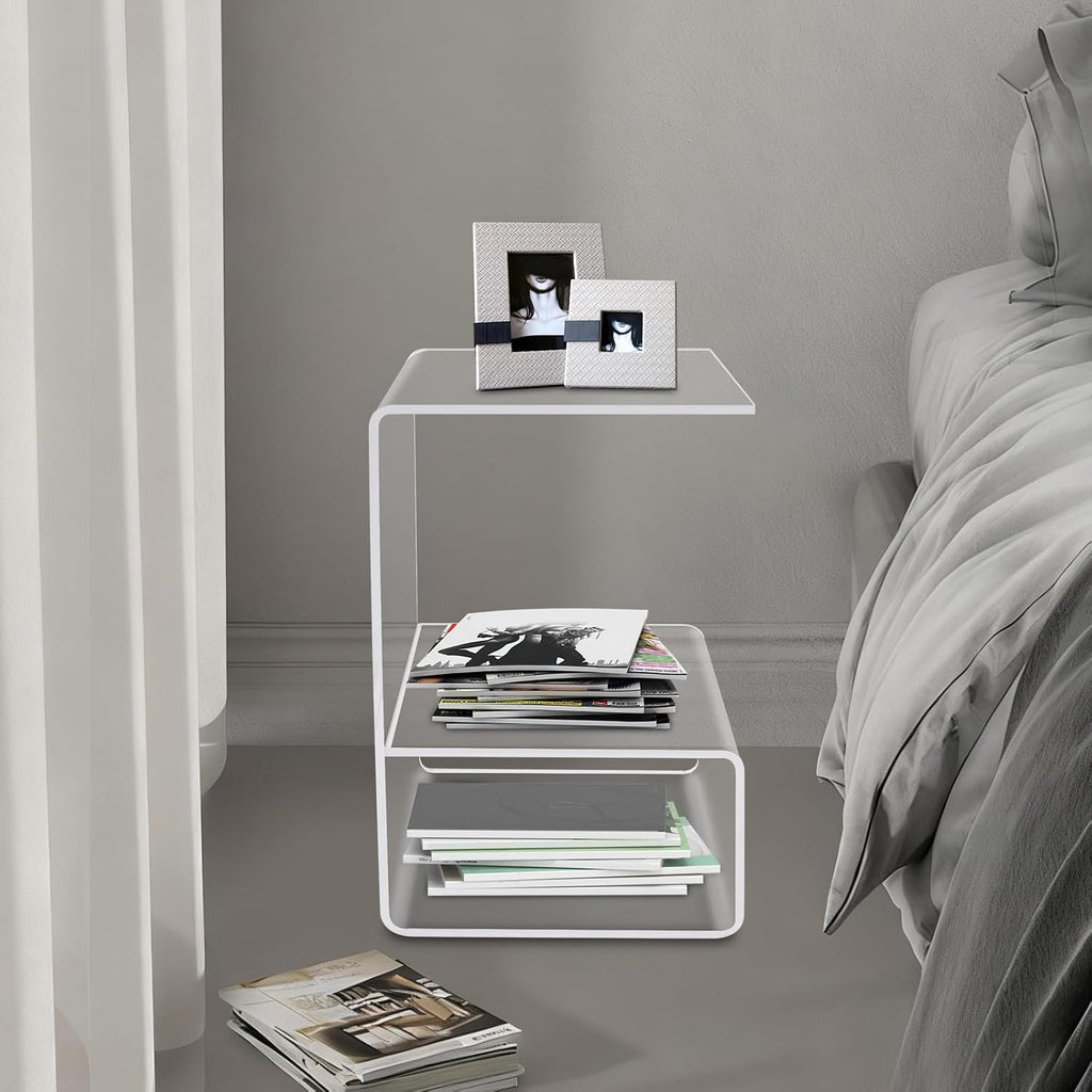 Modern Acrylic Side Table, 3-Tier End Table for Small Spaces, Clear Bedside Tables with 22lbs Capacity for Living Room, Bedroom, Bathroom, Apartment