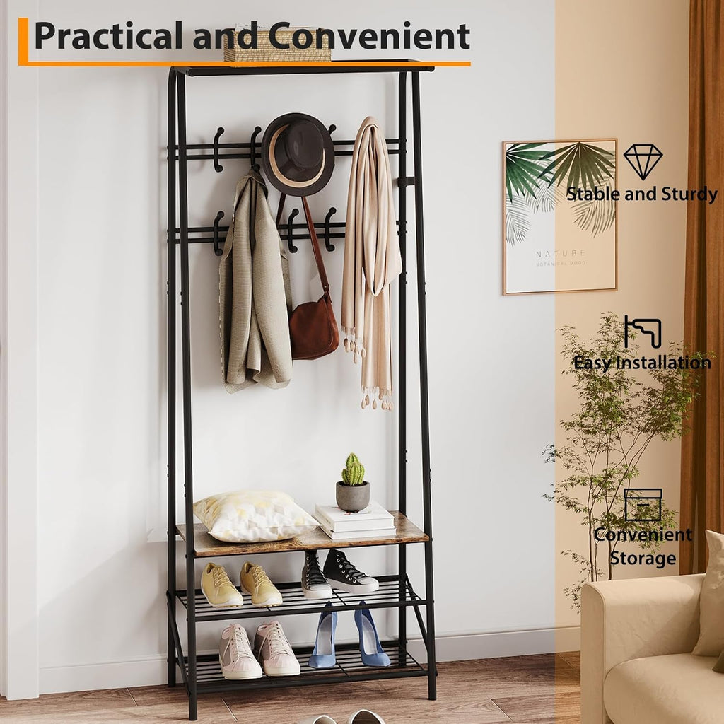Jojoka Coat Rack Hall Tree with Shoe Storage Bench, 4-in-1 Entryway Organizer with 10 Hooks & 3-Tier Shoe Rack, Sturdy Metal Frame Freestanding Storage Unit for Hallway (Brown-Double Row, 25.2in)