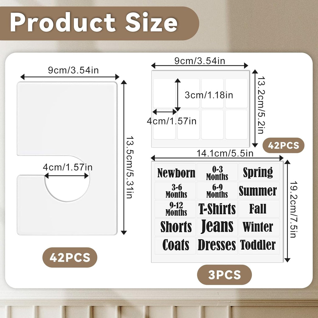 42 Pack Clothing Rack Dividers with 42 Blank Labels & 3 Letter Stickers, White PVC Closet Organizers for Hanging Clothes (2.4 x 1 Inch Labels)