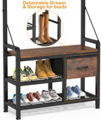 Lulive Hall Tree, 31.5” Entryway Bench with Coat Rack freestanding, 5 in 1 Intelligent Design Shoe Bench and Wall Rack 17 Hooks and Drawers (Rustic Brown)