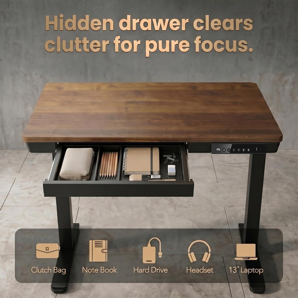 HUANUO 35 X 20 Inch Standing Desk with Drawers, Electric Adjustable Height Desk, Quick Install One-Piece Tabletop with USB Charging Ports, Sit to Stand Up Desk for Home Office, Black Walnut