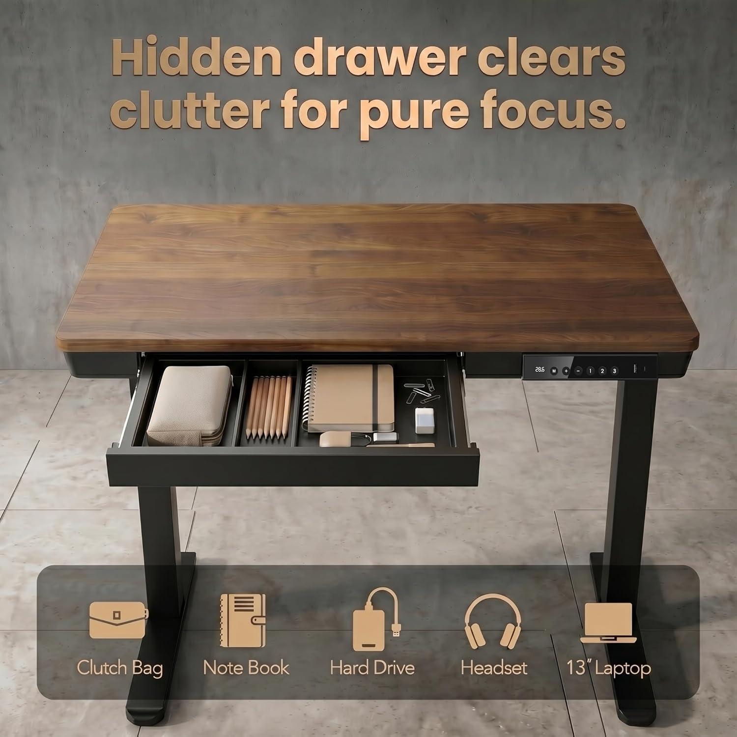 HUANUO 35 X 20 Inch Standing Desk with Drawers, Electric Adjustable Height Desk, Quick Install One-Piece Tabletop with USB Charging Ports, Sit to Stand Up Desk for Home Office, Black Walnut