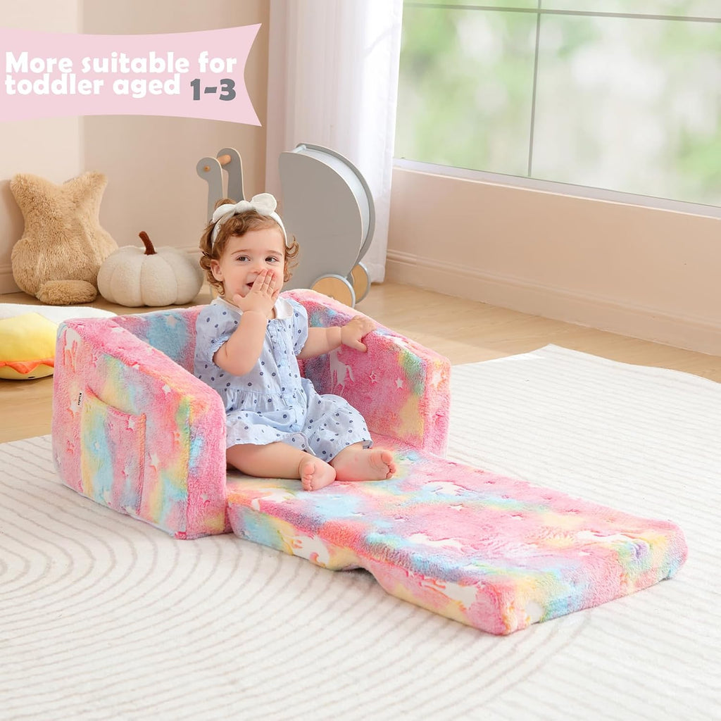 Toddler Couch Fold Out, Foldable Toddler Chair with Blanket, Flip Out Kids Couch,Glow in The Dark Convertible Sofa Gift for Girls & Boys (Glow Pink)