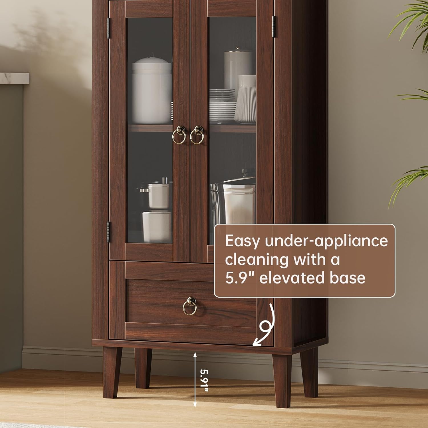 71" Tall Arched Cabinet with Acrylic Door, Modern Curio Arched Bookcase with Drawer, Display Cabinet Organizer, Kitchen Pantry with Top-Opening Storage Container, Brown, 71"x23.6"x11.8"