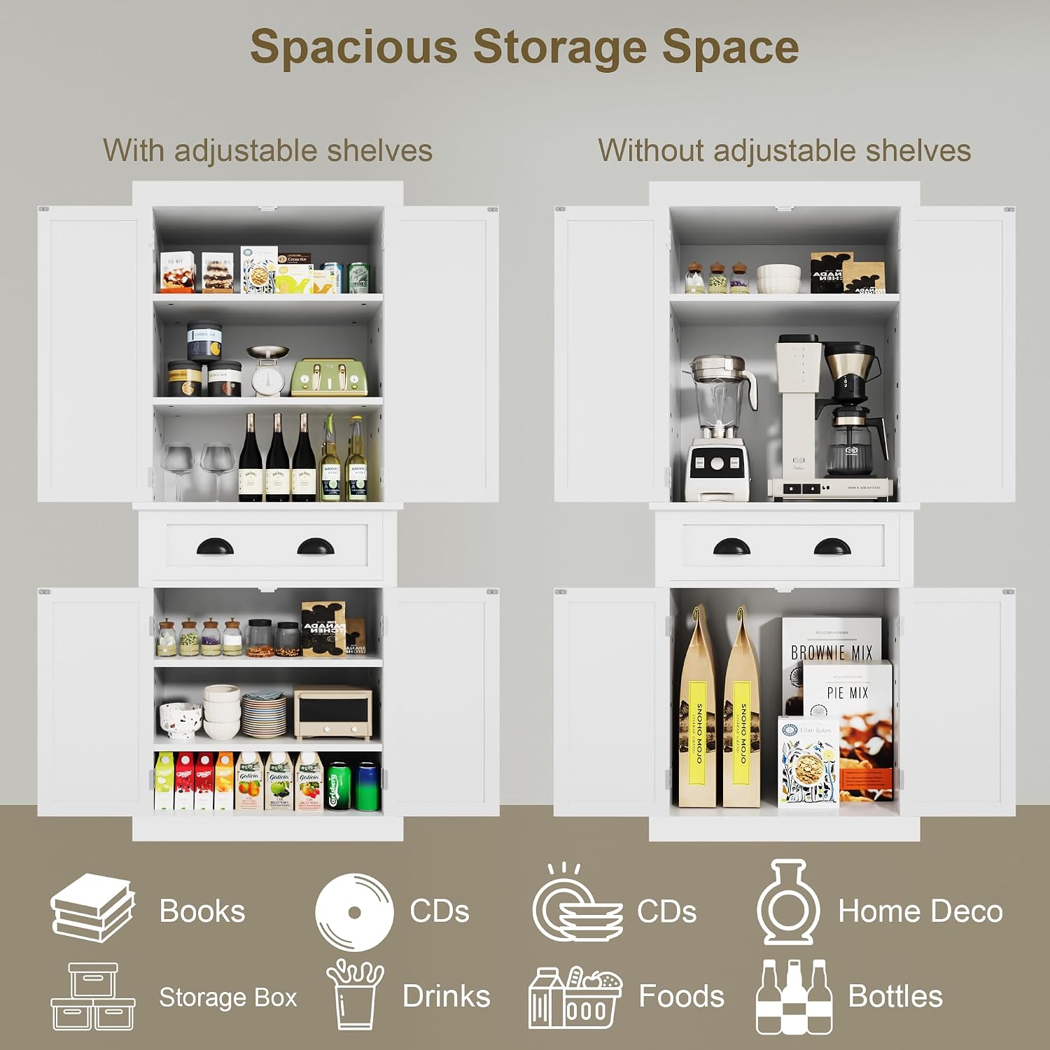 Flamaker 72" Kitchen Pantry Cabinet, Tall Pantry Storage Cabinet with Drawer and 4 Adjustable Shelves, Freestanding Pantry Cupboard Cabinet for Kitchen, Dining Room and Living Room (White)