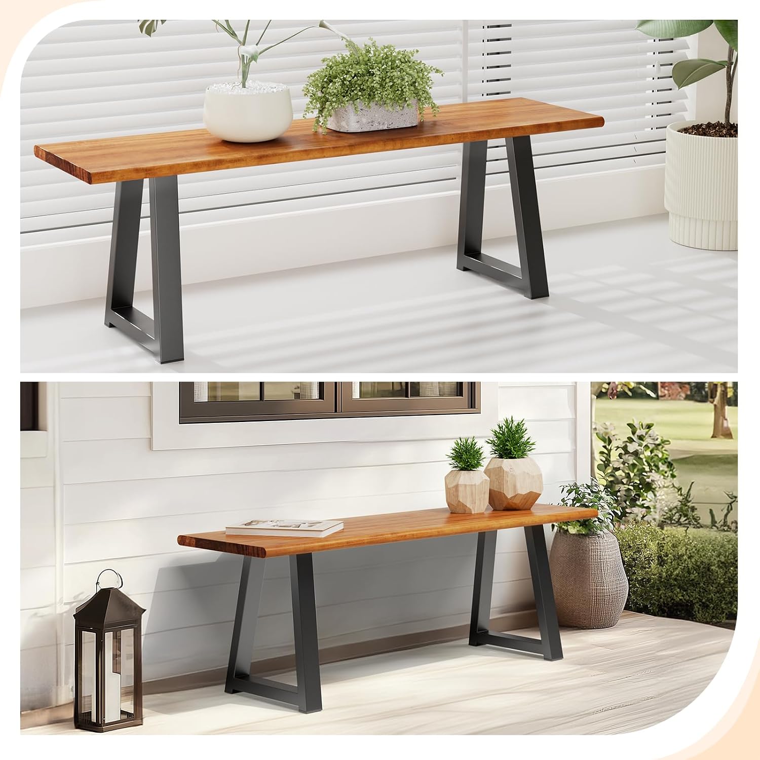 VINGLI Outdoor Bench with Metal Legs Rustic, Wood Dining Bench Indoor Outdoor Porch Bench for Yard Garden Dining (57in)