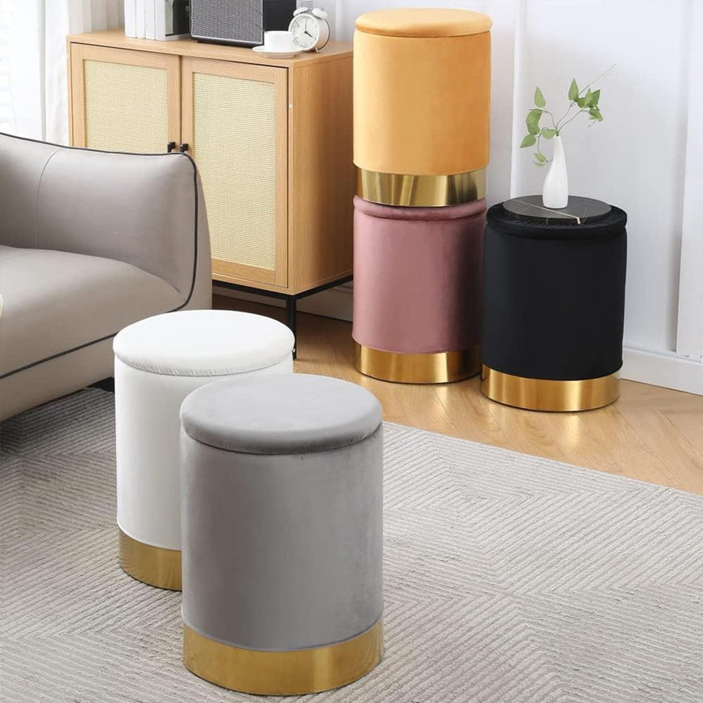 Velvet Storage Ottoman Multipurpose Footrest Stool with Metal Base Modern Round Vanity Stool Chair Ottoman Foot Stools Support 300 lbs Padded Seat for Living Room (Black (Velvet))