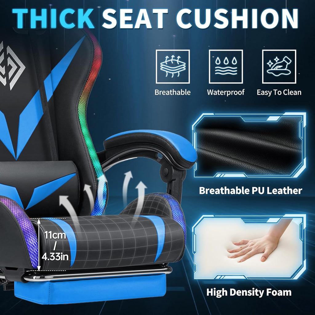 RGB Gaming Chair with LED Lights Massage Ergonomic Game Chairs for Adults High Back Reclining Computer Chair with Footrest Video Game Chair Lumbar Support Racing Style Gamer Chair Blue and Black