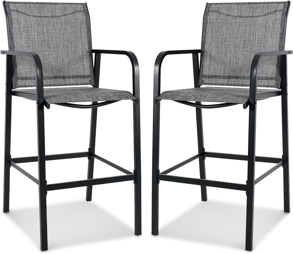 Sundale Outdoor Metal Bar Stool Set of 2, Counter Height Patio Pub Chair with Back, Quick Dry Breathable Sling Tall Barstool for Deck Balcony, Steel - Gray