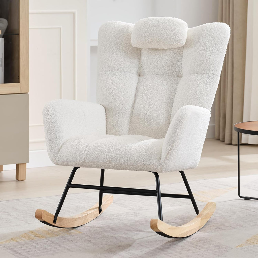 GarveeLife Nursery Rocking Chair,Teddy Upholstered Padded Seat Rocking Chair with High Backrest,Modern Accent Recliner for Living Room, Bedroom, Cozy Reading
