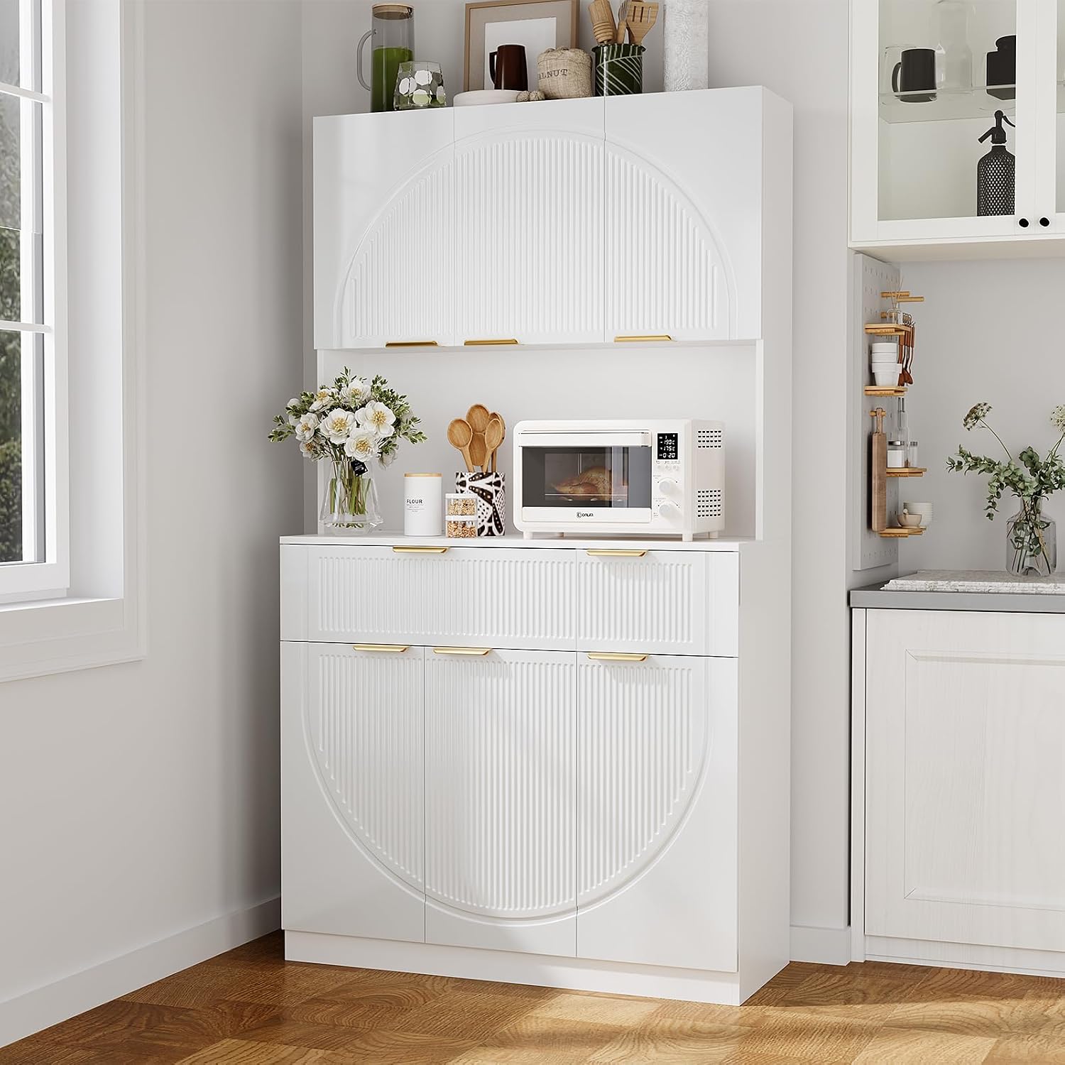 71" Kitchen Pantry Cabinet with Build-in Charging Station, White Modern Kitchen Cabinet Hutch with Drawers & Microwave Stand, Pantry Buffet with Countertop for Dining Room, White