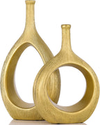 Brushed Gold Ceramic Vase Set 2,Modern Hollow Circle with Hole Flower Vase for Home Decor,for Table Centerpieces,Farmhouse,Fire Place,Living Room,Bedroom,Office,Bookshelf,Rustic Decor