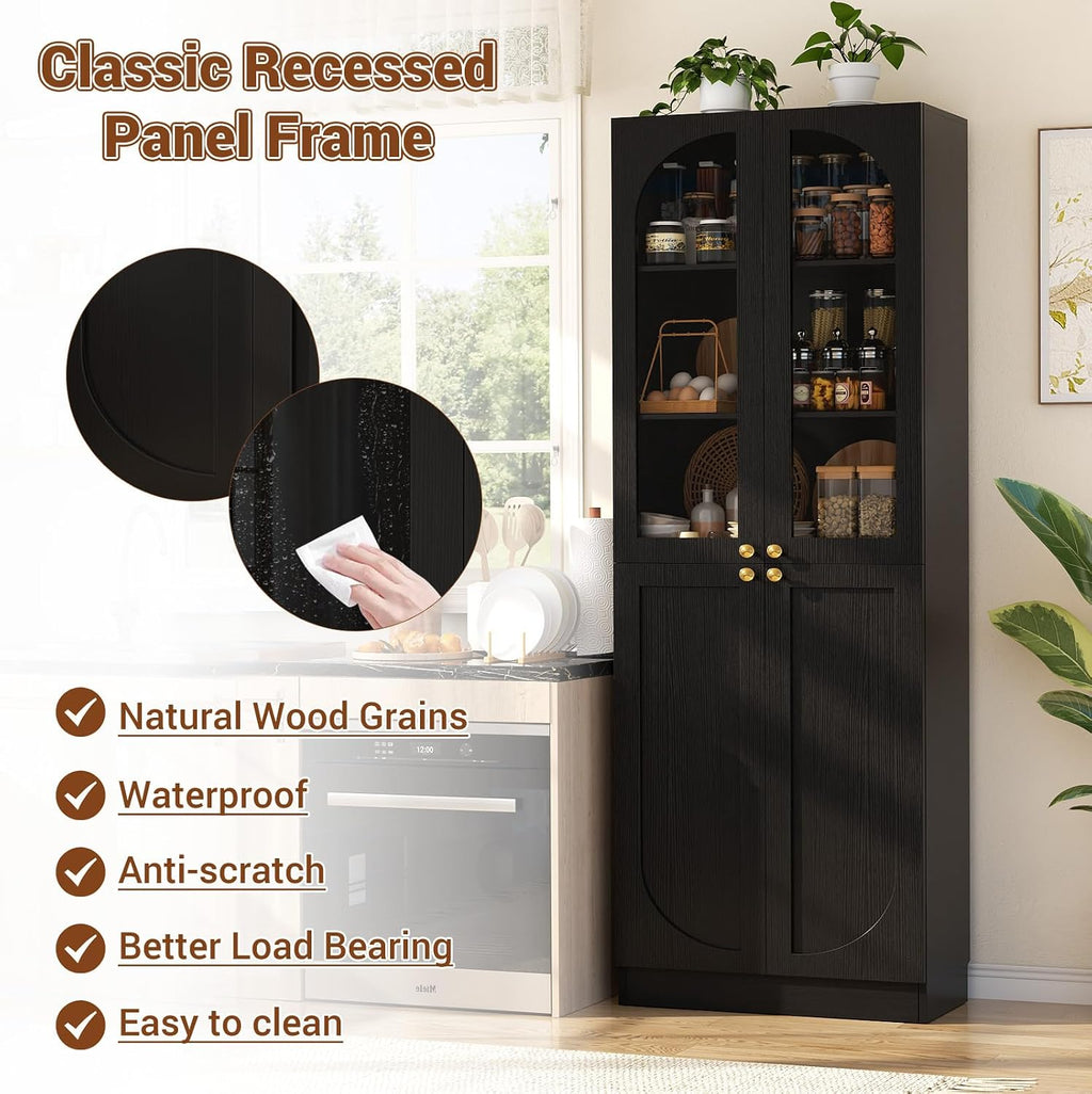 Cyclysio 80" Tall Pantry Cabinet with 3 Drawers, Arched Kitchen Storage Cabinets with 3-Tier Open Shelves and Glass Doors, Wood Floor Cupboard with Seamless Fit Wall for Living Room, Kitchen