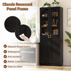 Cyclysio 80" Tall Pantry Cabinet with 3 Drawers, Arched Kitchen Storage Cabinets with 3-Tier Open Shelves and Glass Doors, Wood Floor Cupboard with Seamless Fit Wall for Living Room, Kitchen