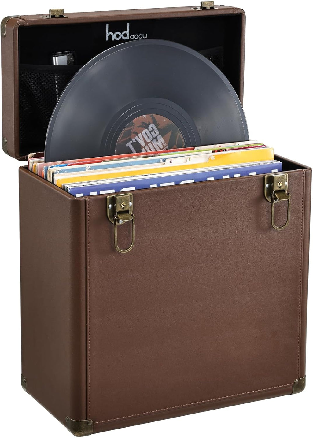 Hododou Vinyl Record Storage Box with Lock Record Organizer Storage for 30+ Single Records 12-inch Water Resistant Collapsible Storage Crate with Lid Handle Mesh Pouch for Valuable Album Collection