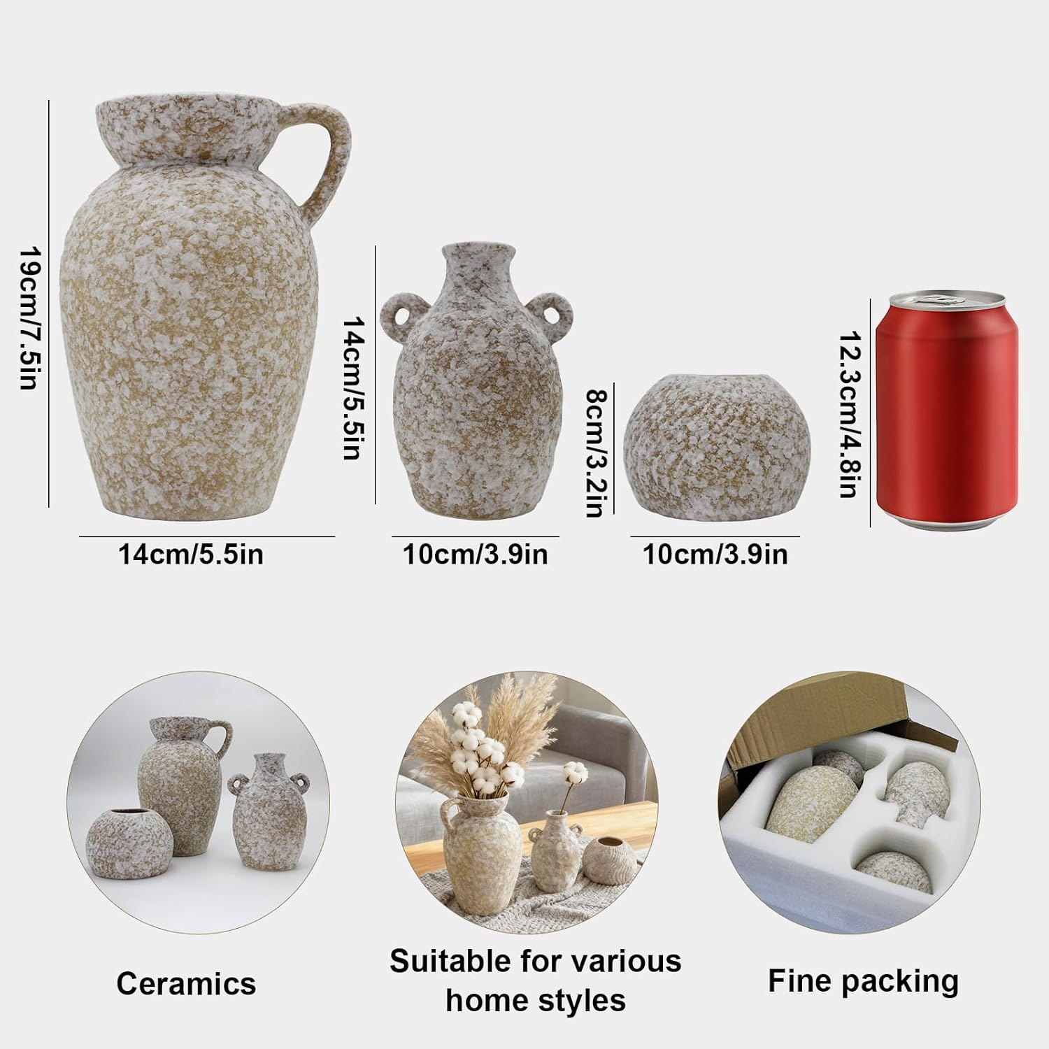 Modern Rustic Farmhouse Ceramic Vase Set of 3, Handmade Speckled Pottery Vases for Table Decor, Small Decorative Vase Centerpiece for Living Room, Mantel & Shelf Styling