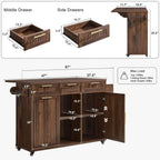 Okvnbjk 57" Rolling Kitchen Island with Storage & Drop Leaf, Walnut | Mobile Island with Trash Can Storage Cabinet, Power Outlet, Large Island Cart on Wheels with Spice & Towel Rack, Knife Holder