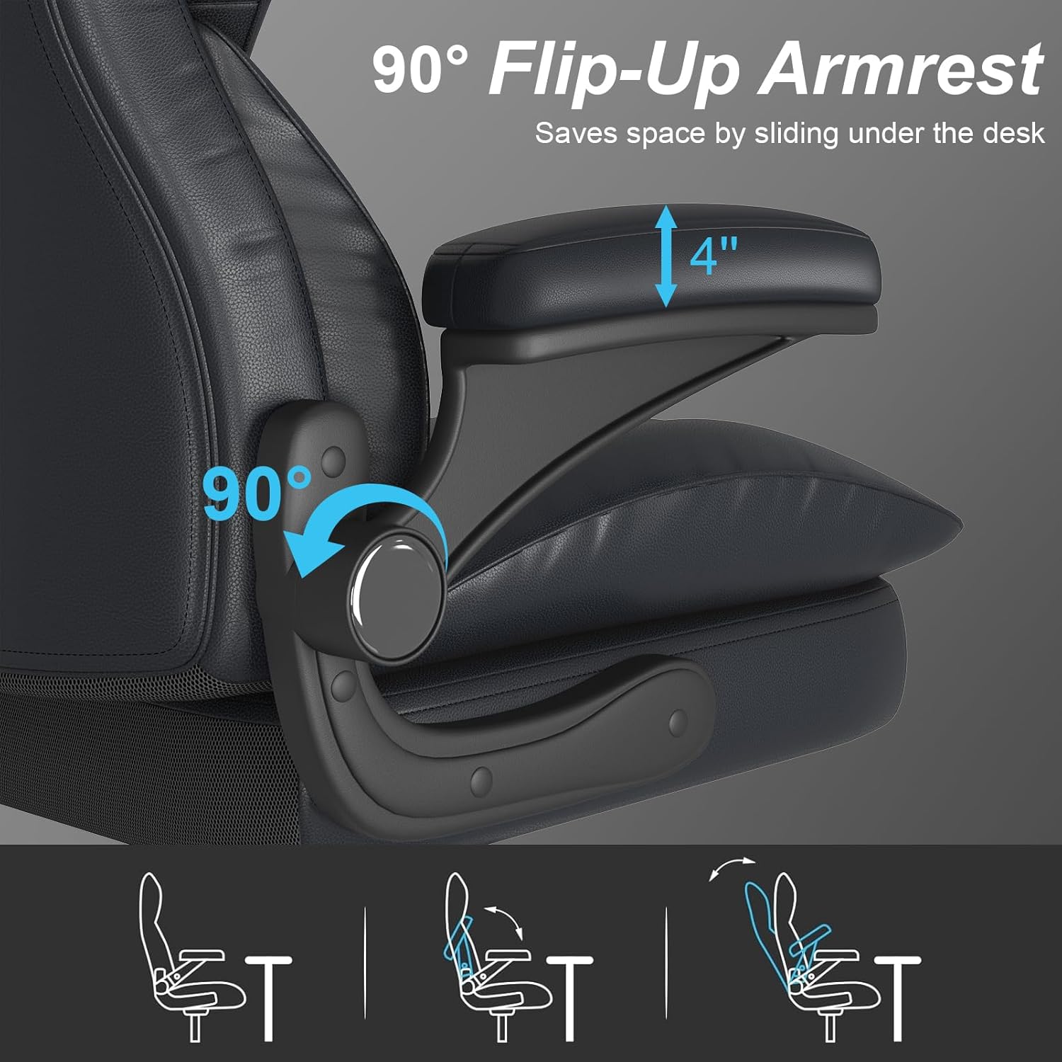 Office Chair, Home Desk Chair, Ergonomic Computer Chair with Lumbar Support, Executive Leather Chair with Flip-Up Armrests, Big and Tall Swivel Rolling Chair, PU Leather, Black
