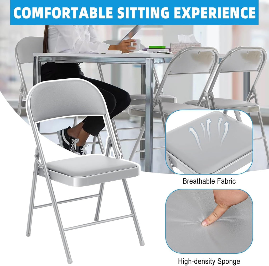 6 Pack Padded Folding Chairs, Heavy Duty Metal Frame with PU Leather Seat & Back, 350 lbs Capacity Portable Stackable Indoor Outdoor Chairs for Party Wedding Office(Gray, 6 Pack)