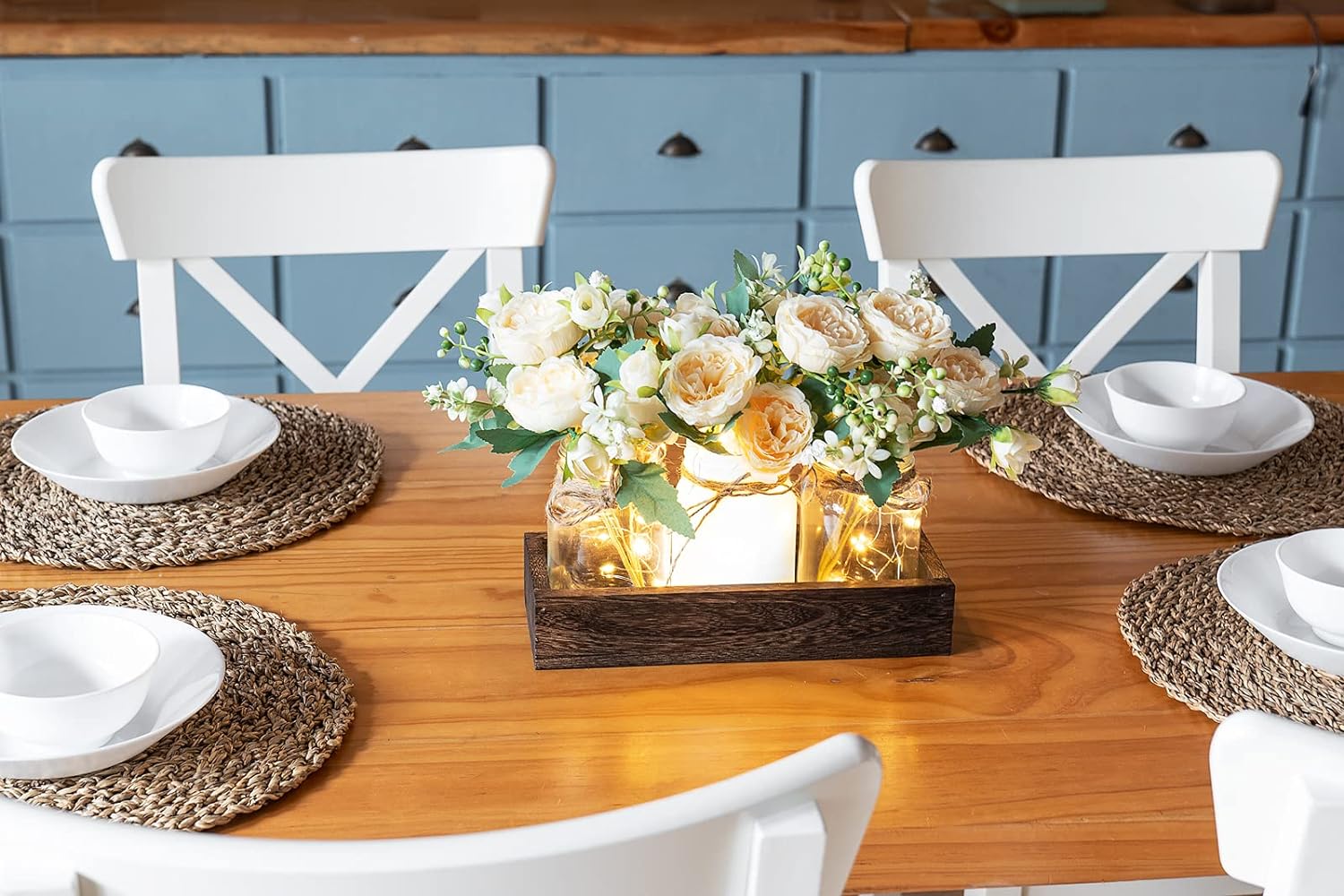 Mkono Mason Jar Lights Centerpiece Table Decor for Dining Room Farmhouse Wood Tray with 3 Jars Flowers Summer Decoration for Coffee Table Kitchen Living Room Wedding