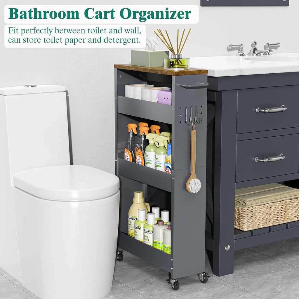 XYZLVSI Slim Storage Cart, 4 Tier Rolling Kitchen Cart on Wheels for Small Space, Narrow Laundry Bathroom Organizers Mobile Shelving Unit Metal Utility Cart with Handle, 5.9in Width, Gray
