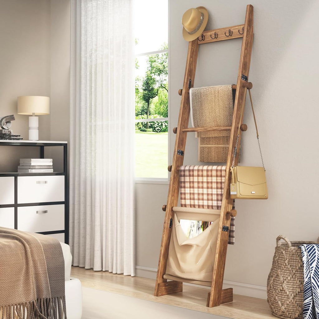 REFGY 5-Tier Blanket Ladder Shelf, 5.3FT (63'') Wall Leaning Blanket Ladders for Living Room Bedroom, Decorative Quilt Rack with 4 Metal Hooks, Rustic Farmhouse Decorative Ladder for Blankets, Brown