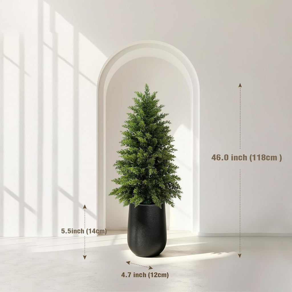 Mavis's Diary 4FT Artificial Cedar Topiary Tree, Set of 2 Realistic Faux Evergreen in Black Bullet Planter + Fillable Water Bag, Indoor Outdoor Fake Cedar for Front Porch Entryway Office Home Decor